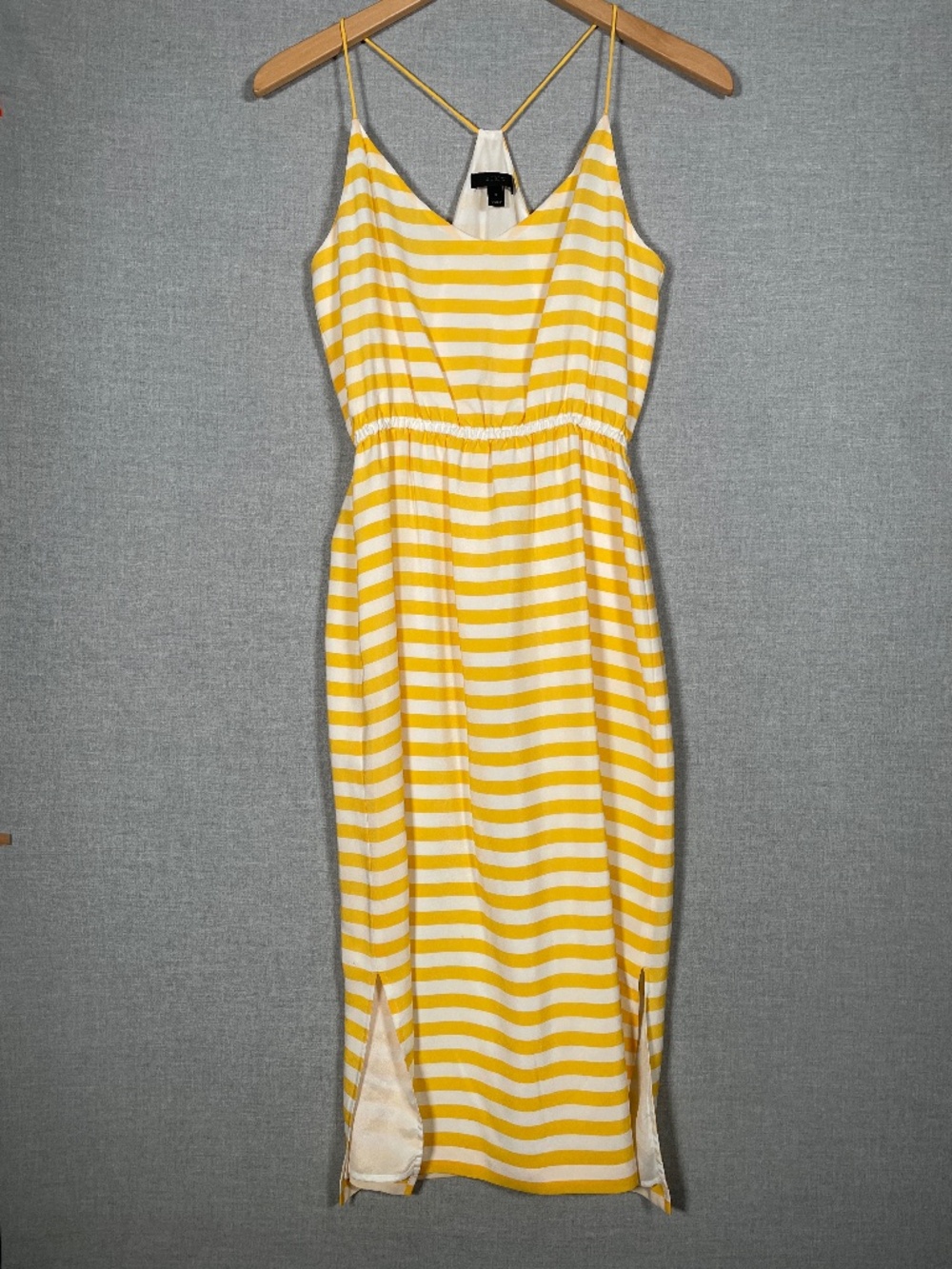 J. Crew Carrie Silk Midi Dress 0 Yellow White Stripe Cami Racerback Side Slit